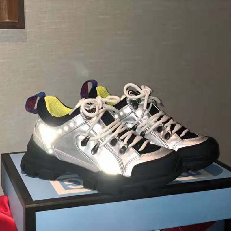 G*u*i unisex flashtrek sneaker with crystals in silver metallic leather 5.6 cm heel