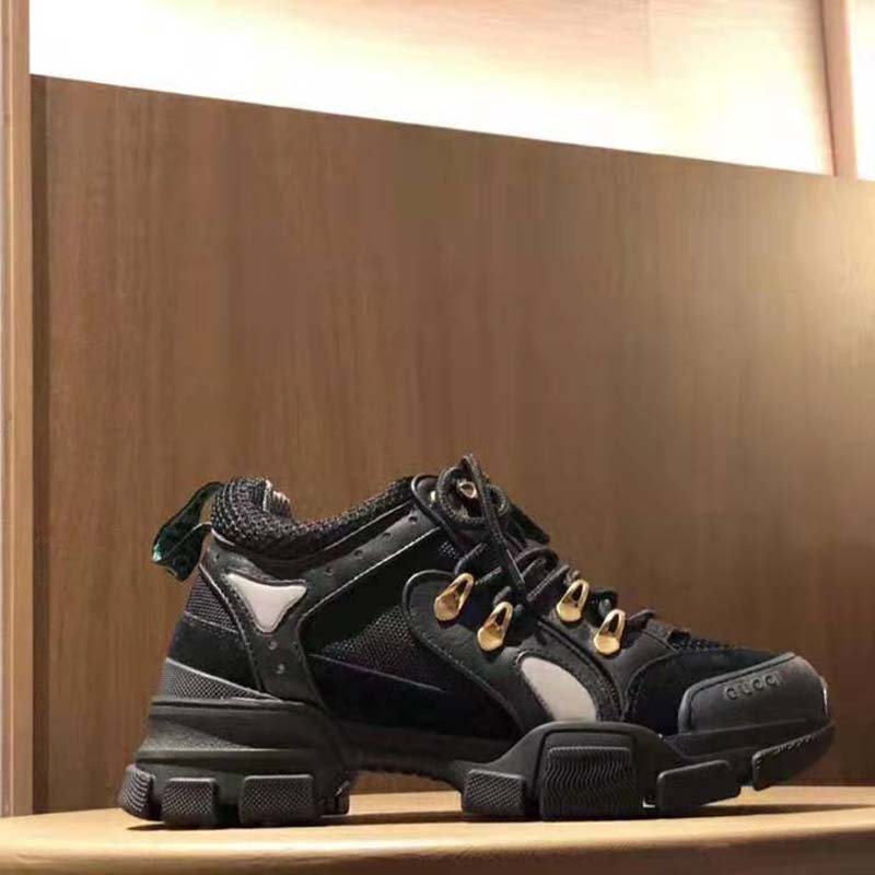 G*u*i unisex flashtrek sneaker with removable crystals in black leather 5.6 cm heel