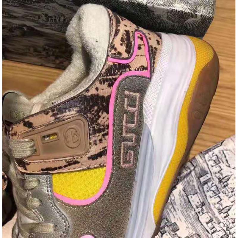 G*u*i unisex ultrapace sneaker with embroidered G*u*i and interlocking g in metallic leather-pink