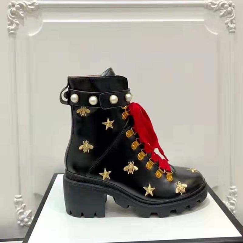 G*u*i women G*u*i leather embroidered ankle boot in black leather 8.9 cm-red