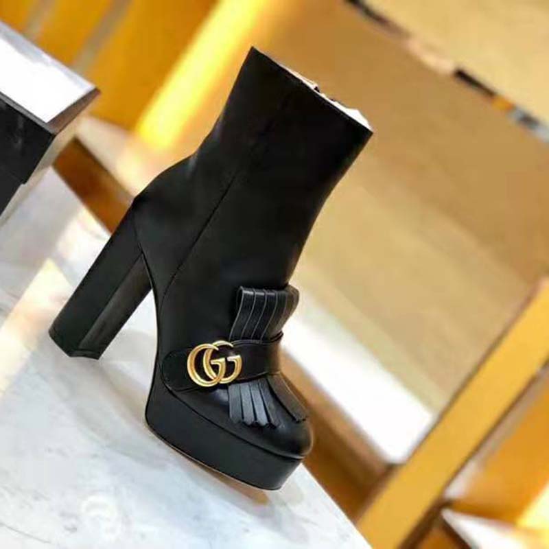 G*u*i women leather ankle boot with fringe double g hardware-black