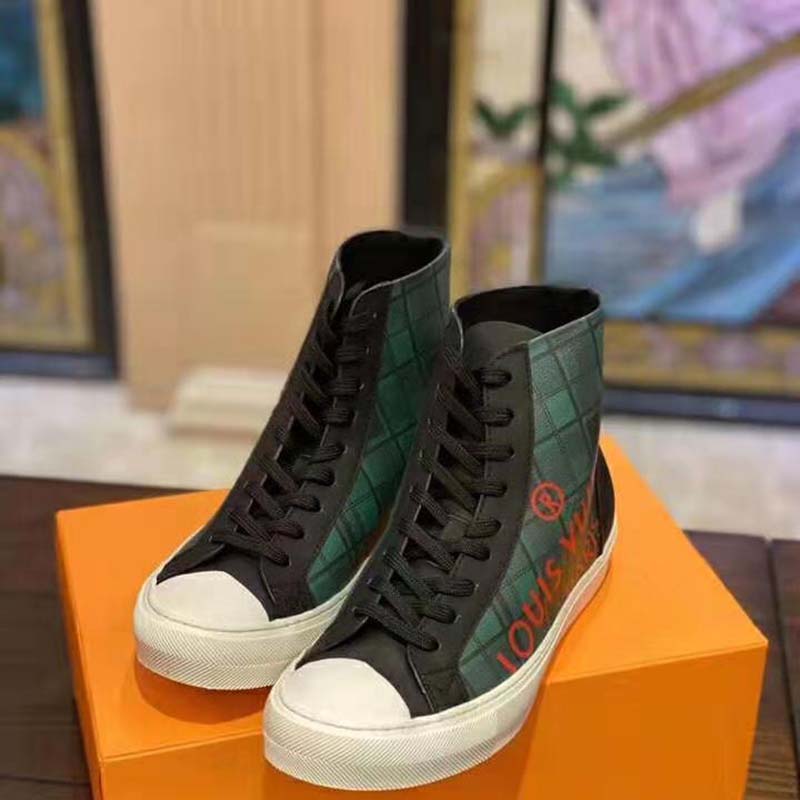 Louis Vuitton LV Unisex Tattoo Sneaker Boot in Damier Tartan Canvas-Green