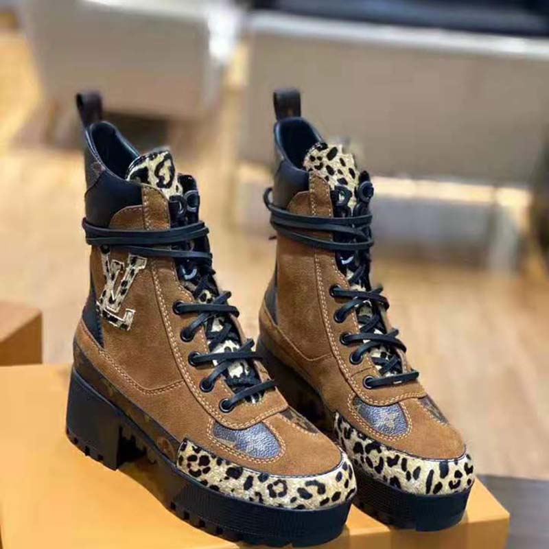 Louis Vuitton LV Women Laureate Platform Desert Boot in Soft Suede Calf Leather with Monogram Canvas-Brown
