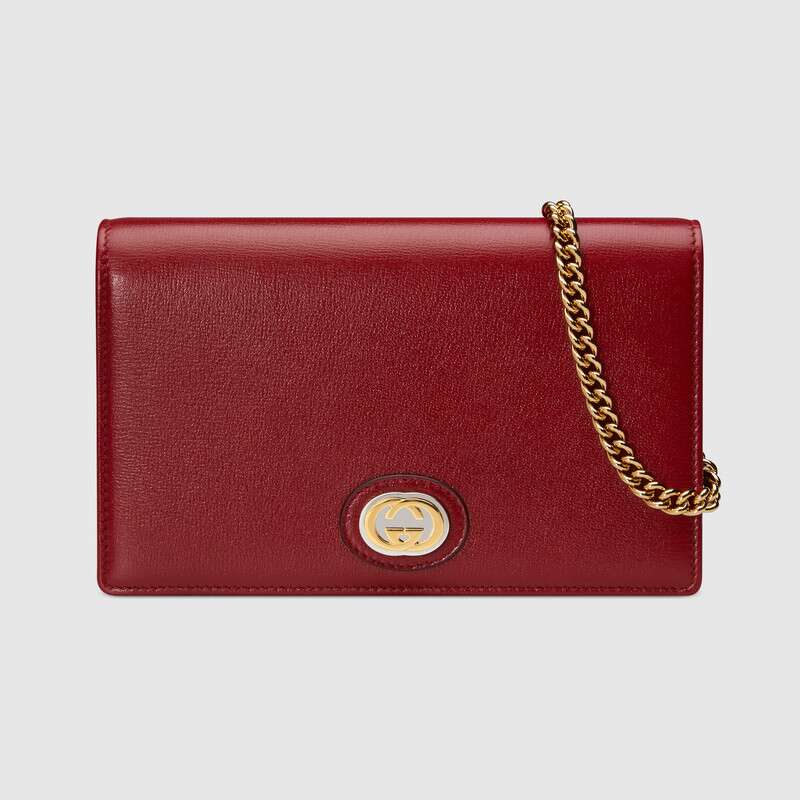 G*u*i gg women leather chain card case wallet in textured leather