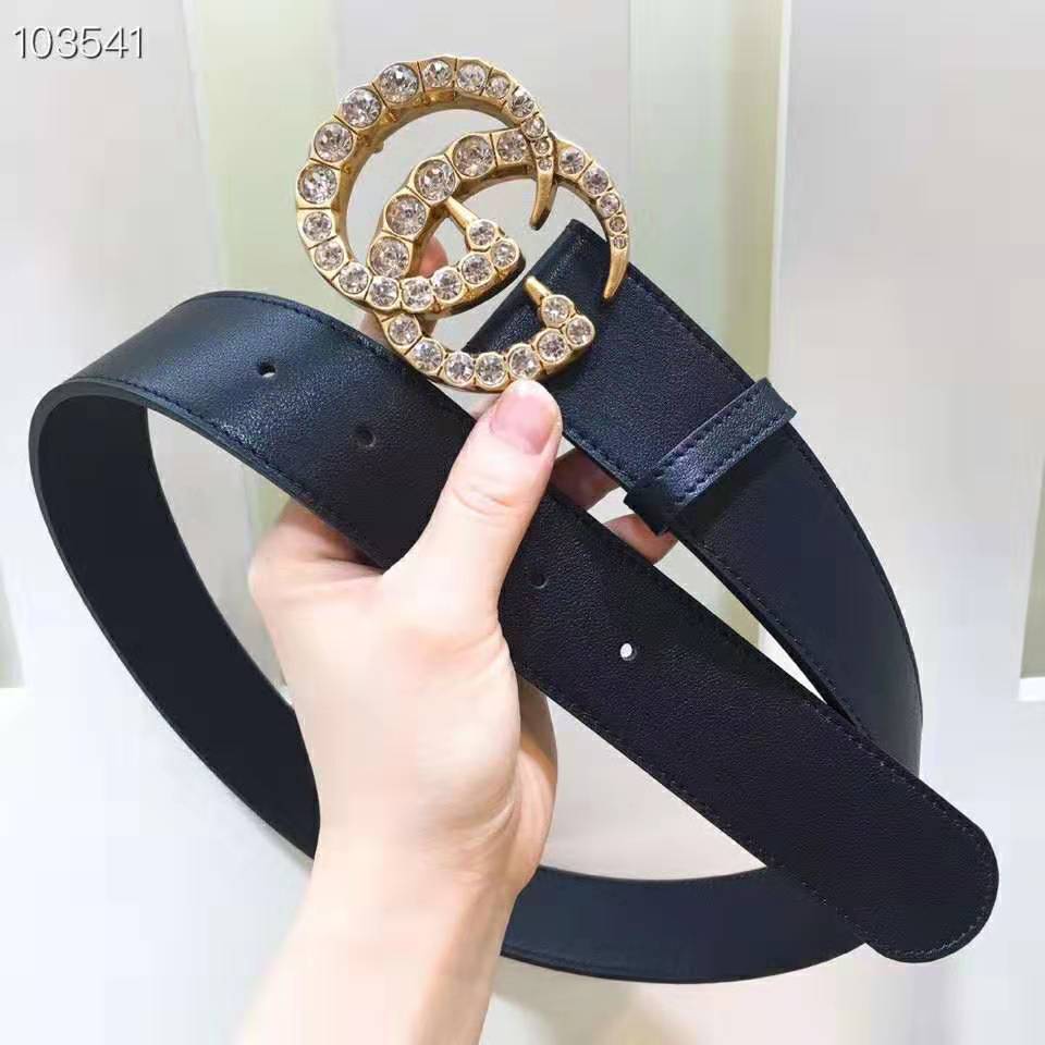G*u*i unisex leather belt with crystal double g buckle-black