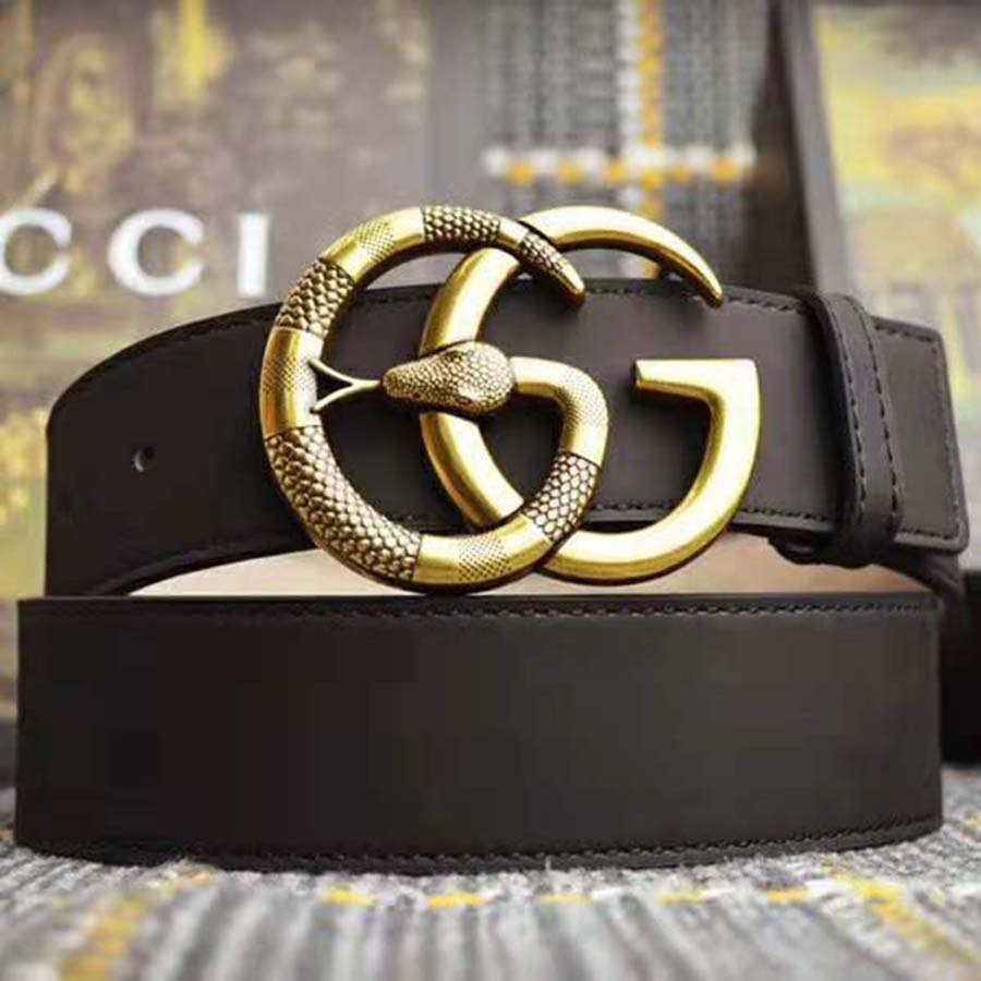 G*u*i unisex leather belt with double g buckle with snake in black leather