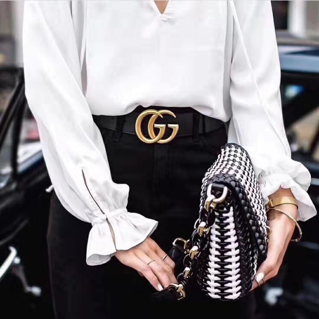 G*u*i unisex wide leather belt with double g buckle-black