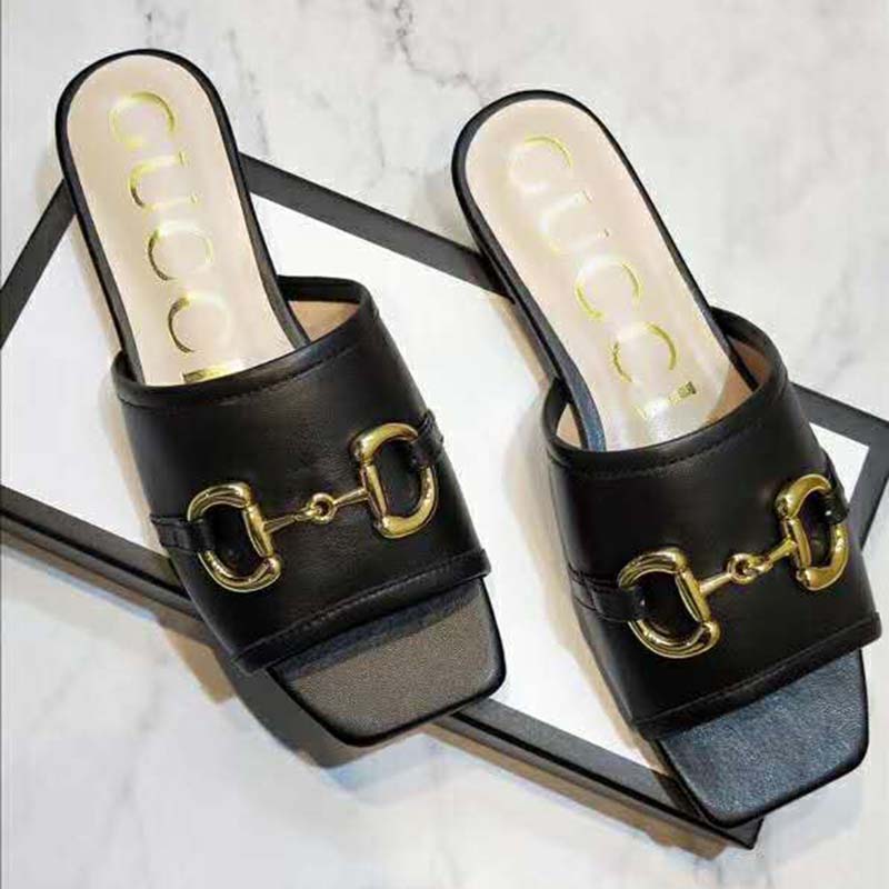 G*u*i women’s leather slide sandal with horsebit black leather