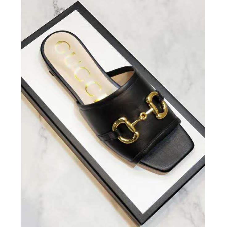 G*u*i women’s leather slide sandal with horsebit black leather