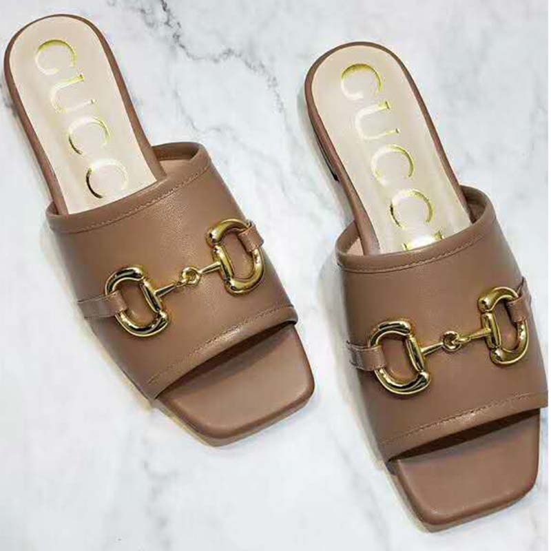 G*u*i women’s leather slide sandal with horsebit brown leather