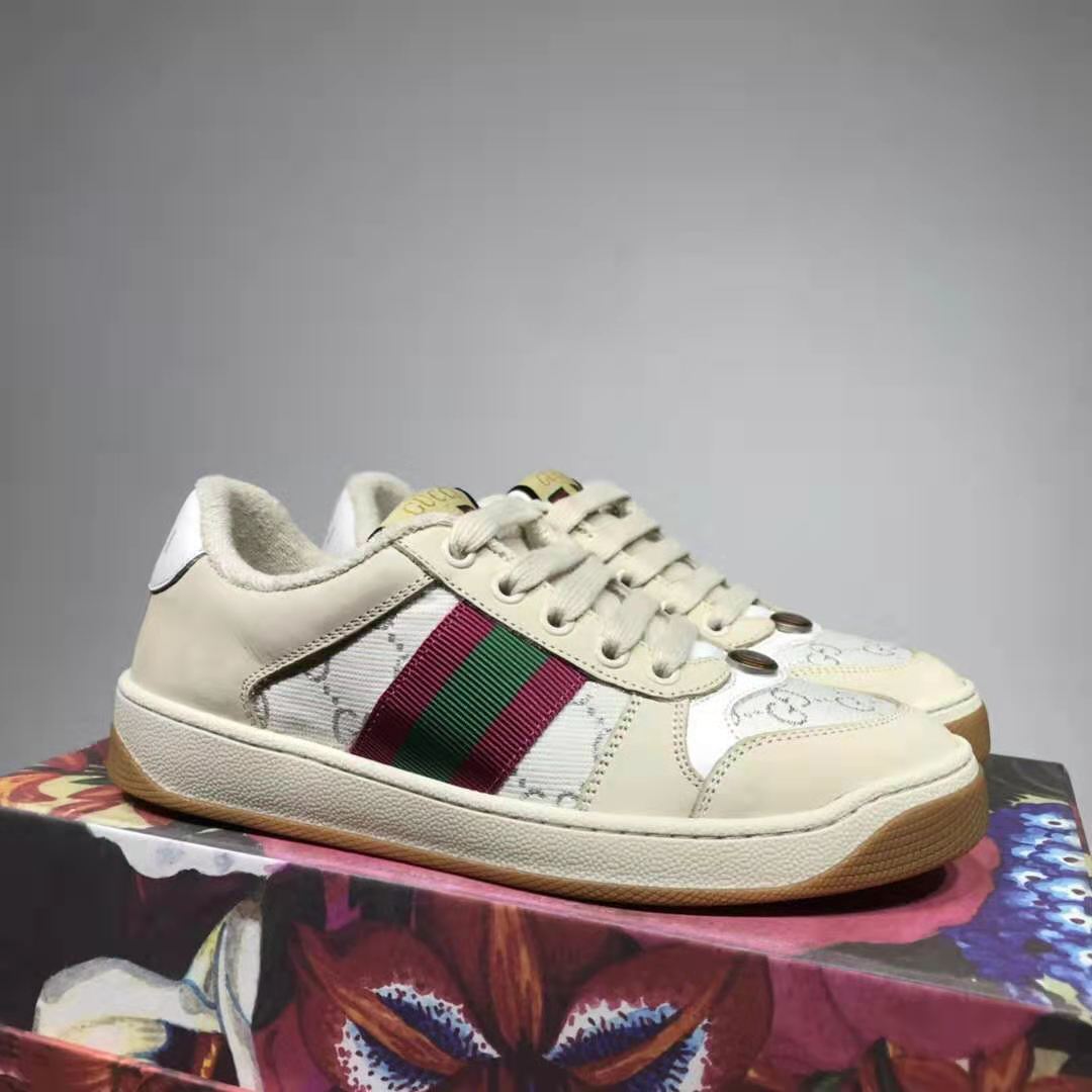 G*u*i gg unisex screener sneaker with web cream scrap less leather-beige