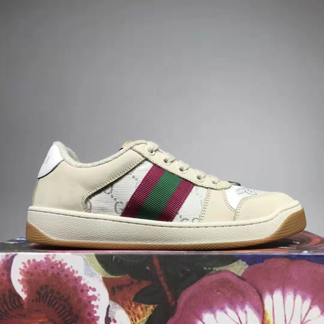G*u*i gg unisex screener sneaker with web cream scrap less leather-beige