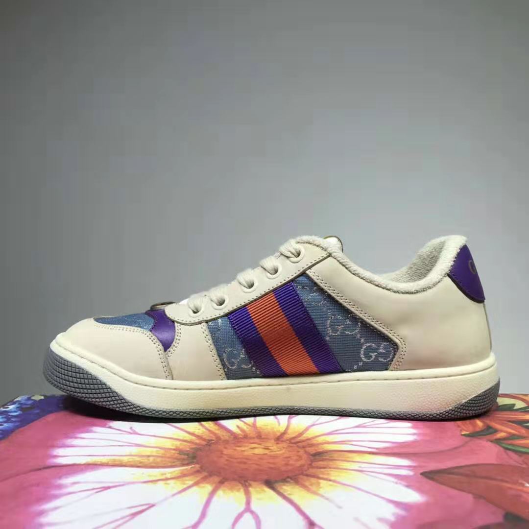 G*u*i gg unisex screener sneaker with web ivory scrap less leather-blue