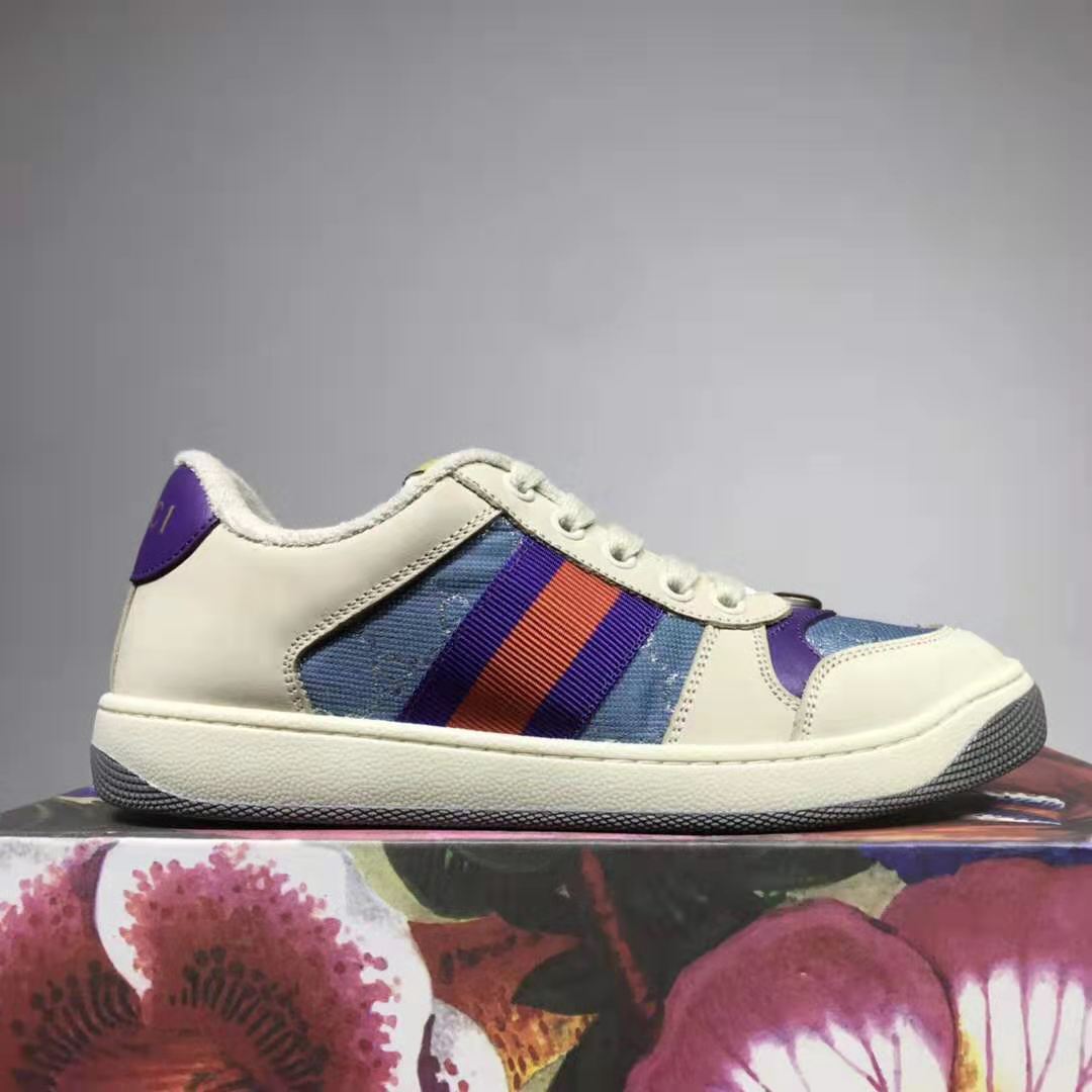 G*u*i gg unisex screener sneaker with web ivory scrap less leather-blue