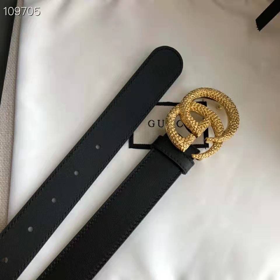 G*u*i gg unisex belt with textured double g buckle black leather 4 cm width