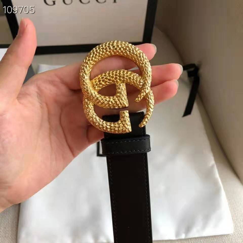 G*u*i gg unisex belt with textured double g buckle black leather 4 cm width