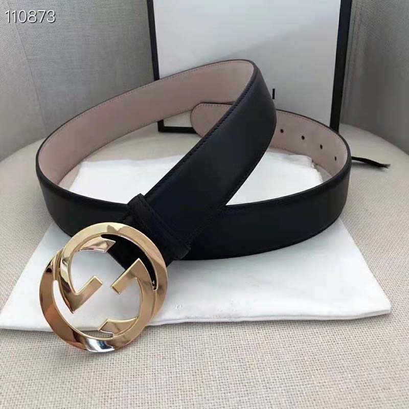 G*u*i gg unisex leather belt with interlocking g buckle black 4 cm width