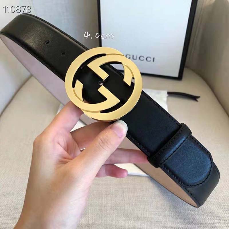 G*u*i gg unisex leather belt with interlocking g buckle black 4 cm width
