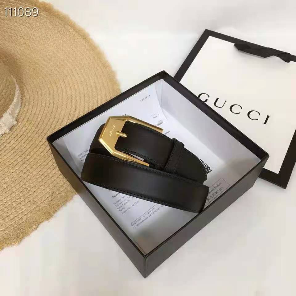 G*u*i gg unisex leather belt with squared buckle 3 cm width