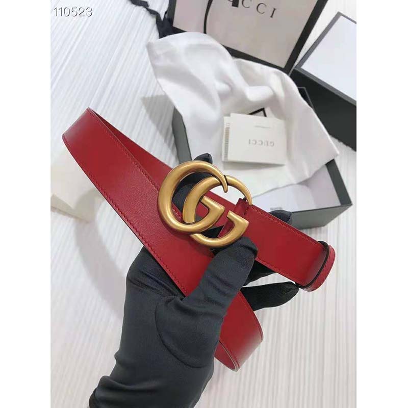 G*u*i unisex gg marmont thin leather belt with shiny double g buckle-red