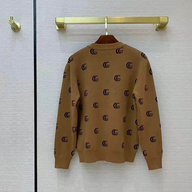 G*u*i men double g jacquard wool v-neck sweater camel and brown