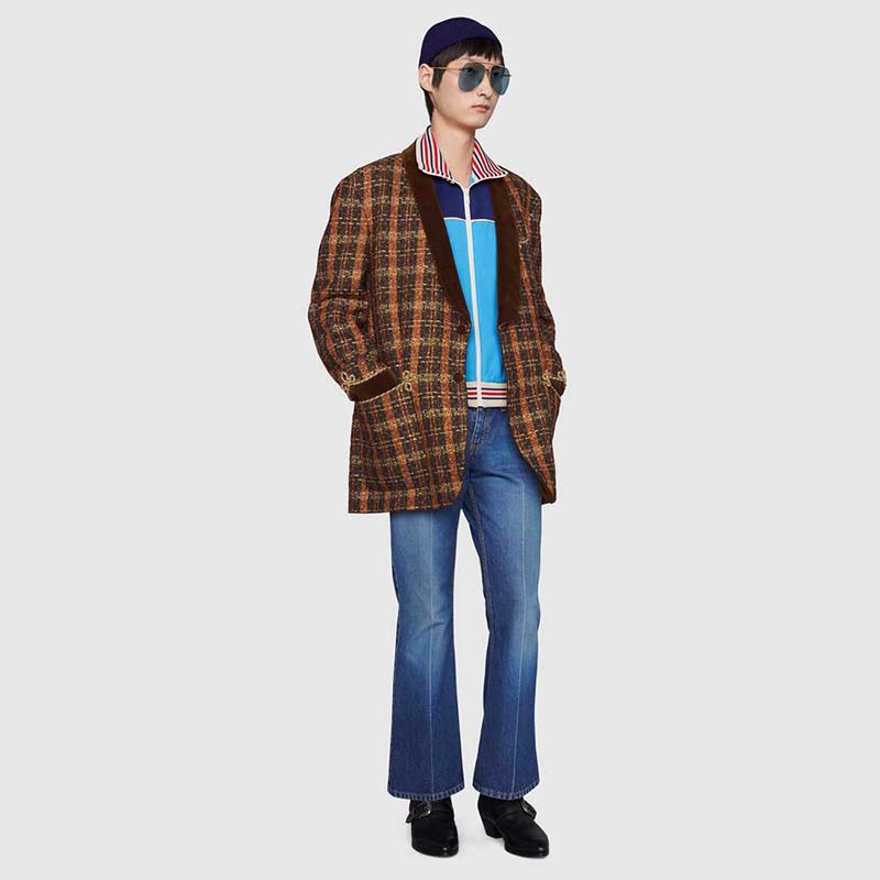 G*u*i men technical jersey zip-up jacket with web interlocking g-blue