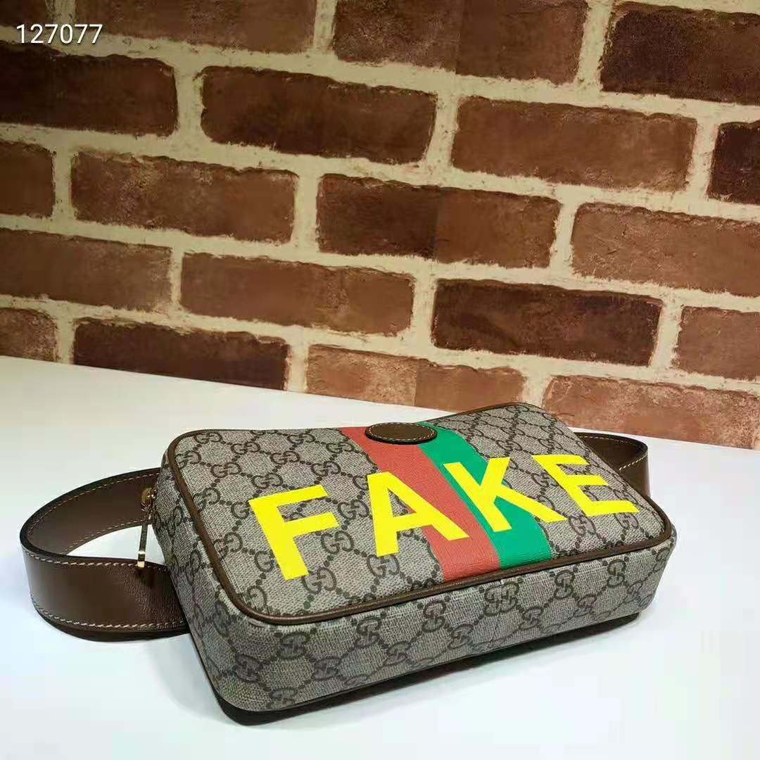 G*u*i unisex ‘fake/not’ print belt bag beige and ebony gg supreme canvas