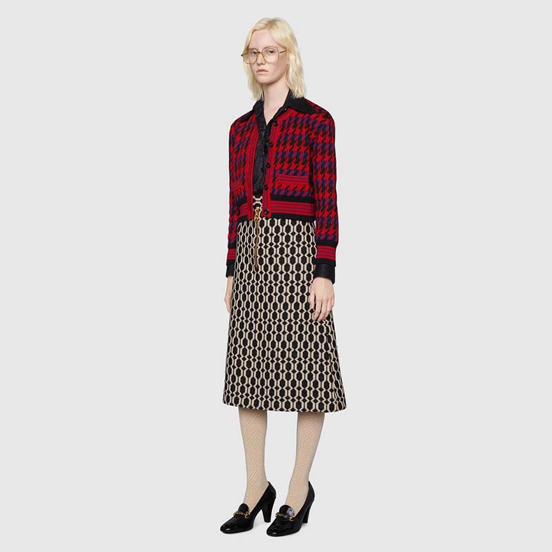 G*u*i women houndstooth wool cropped cardigan crew neck red and black