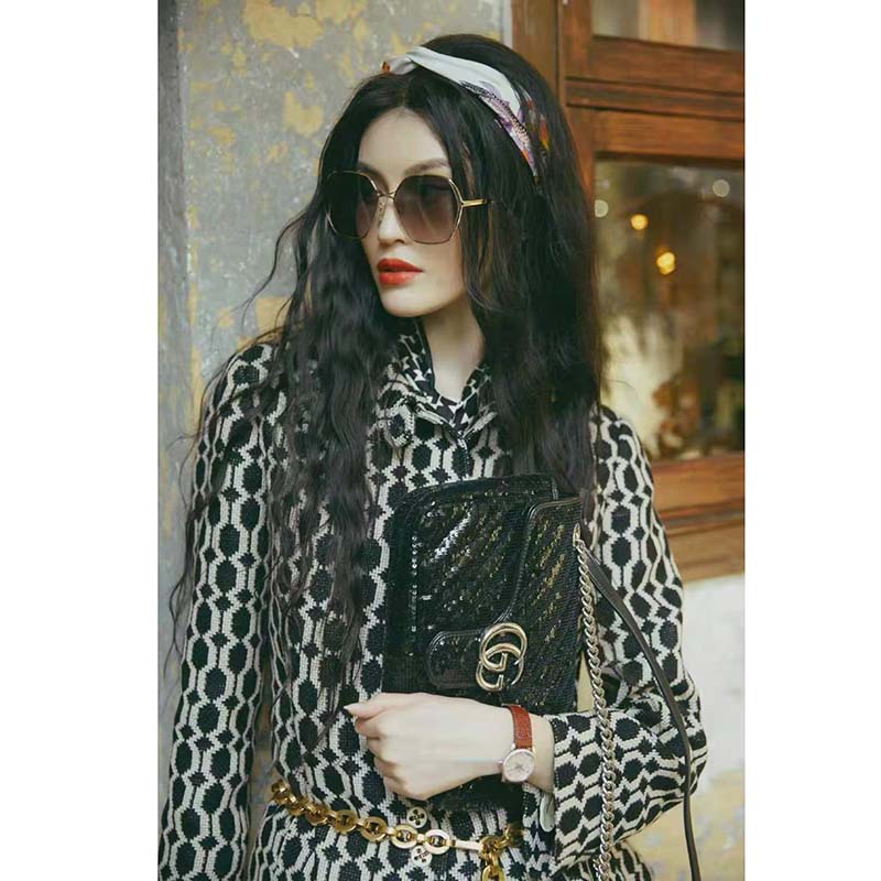 G*u*i women optical tweed jacket wool black and ivory optical tweed point collar