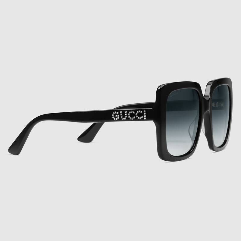 G*u*i unisex rectangular-frame acetate sunglasses shiny black acetate temples crystals