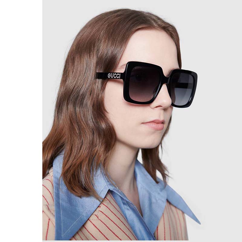 G*u*i unisex rectangular-frame acetate sunglasses shiny black acetate temples crystals