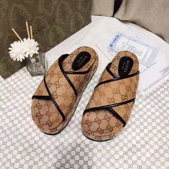G*u*i gg unisex slide sandal beige and ebony original gg canvas