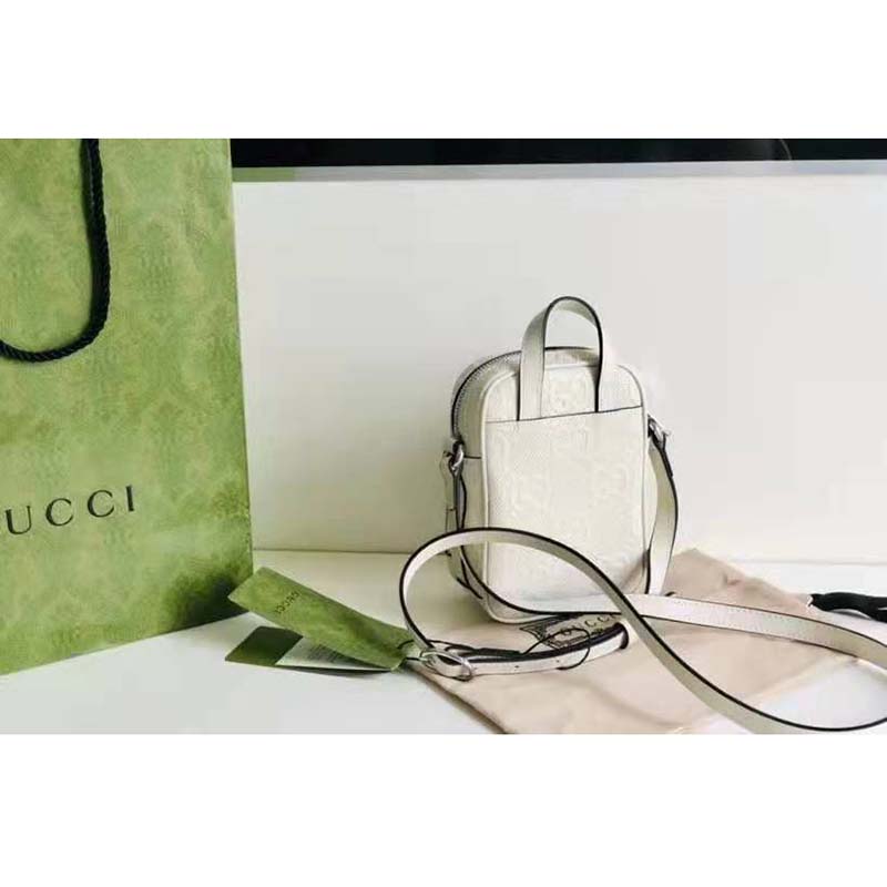 G*u*i gg unisex embossed mini bag white leather cotton linen