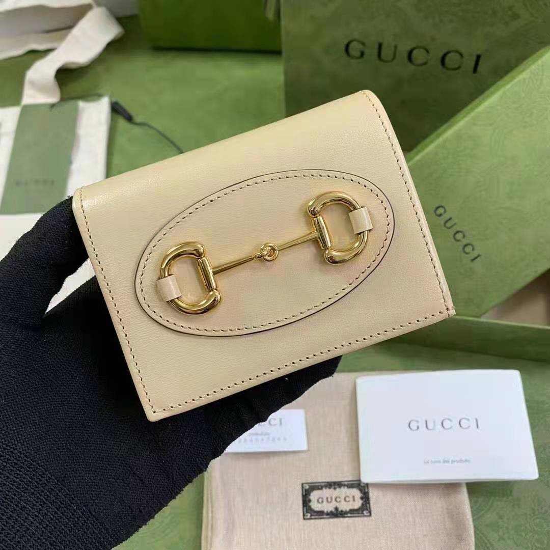 G*u*i gg women G*u*i horsebit 1955 card case wallet beige leather