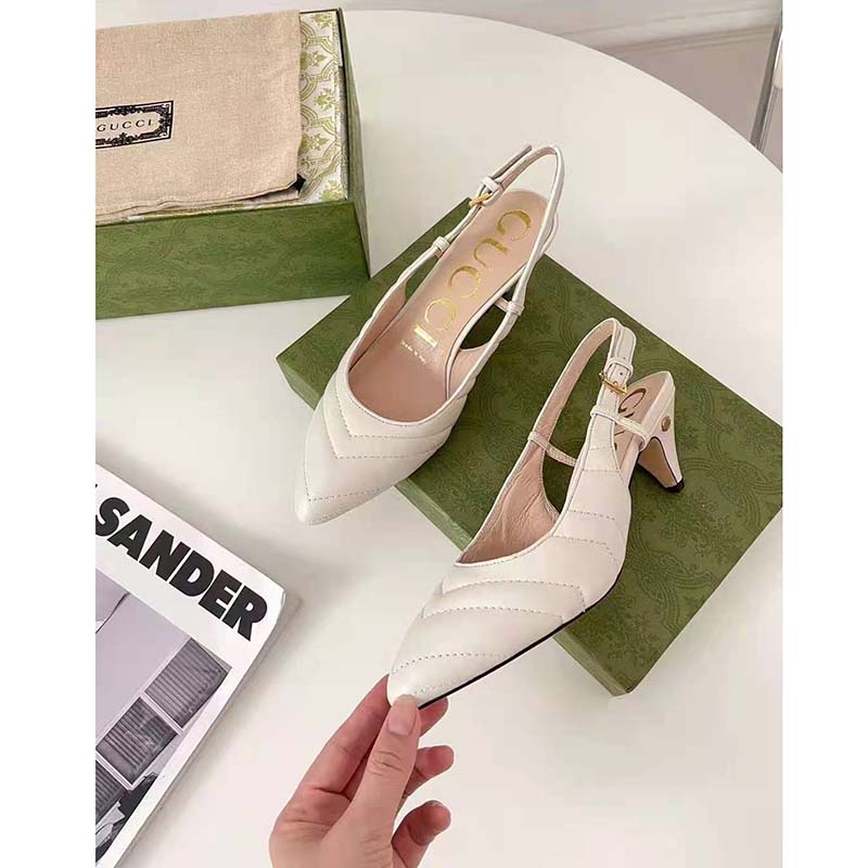 G*u*i gg women matelassé sling back white matelassé chevron leather 7 cm heel