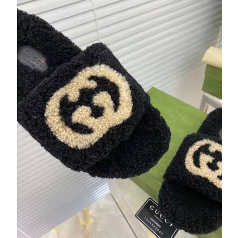G*u*i gg women slide sandal with interlocking g black interlocking g merino wool
