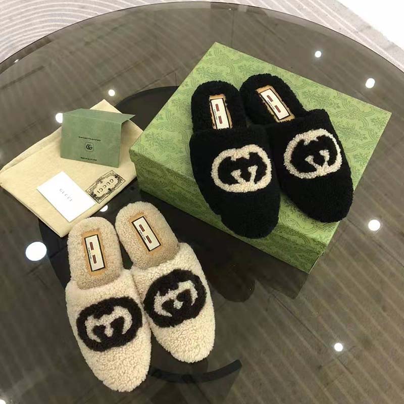 G*u*i gg unisex slipper with interlocking g light brown interlocking g merino wool