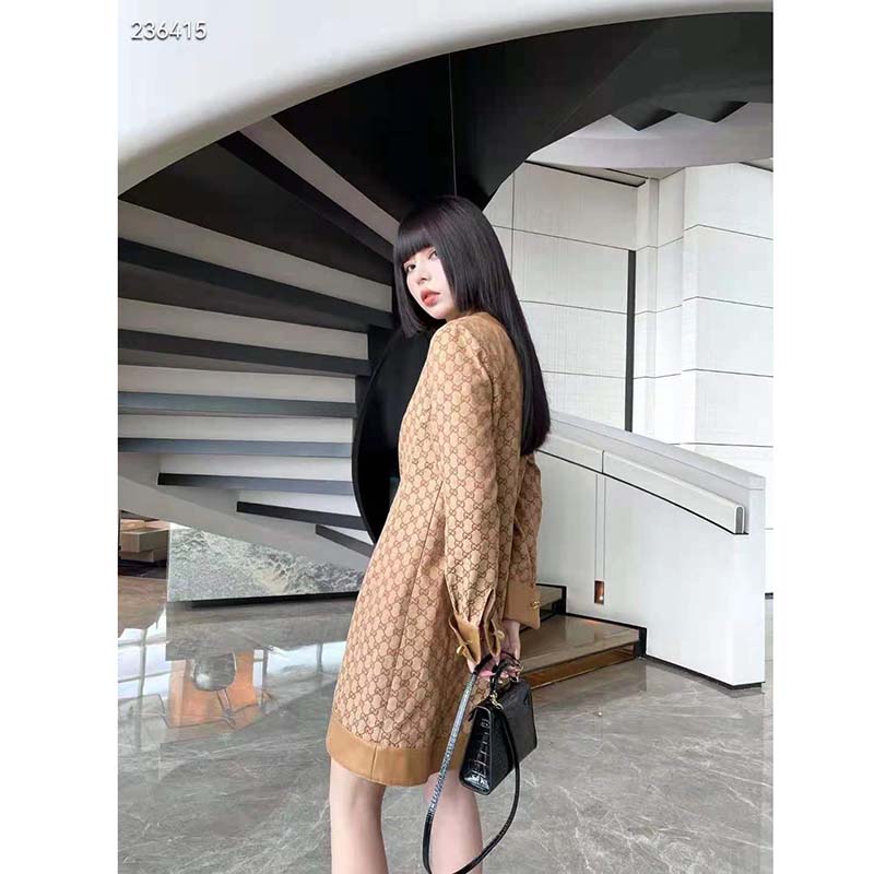 G*u*i women gg linen canvas kaftan beige ebony leather toggle chain