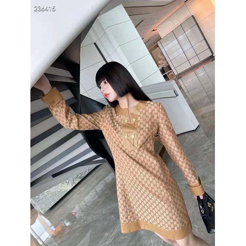 G*u*i women gg linen canvas kaftan beige ebony leather toggle chain