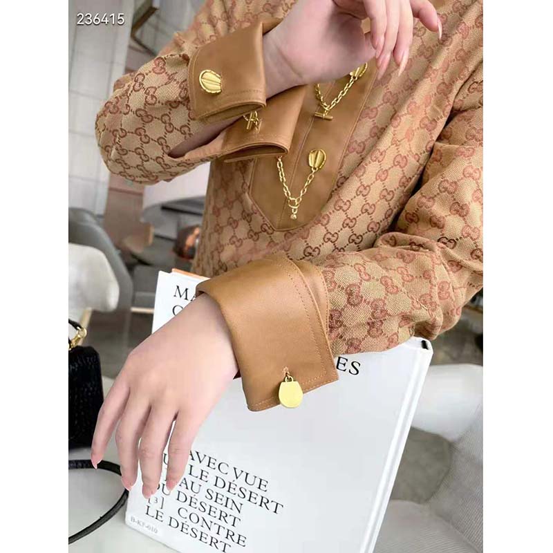 G*u*i women gg linen canvas kaftan beige ebony leather toggle chain