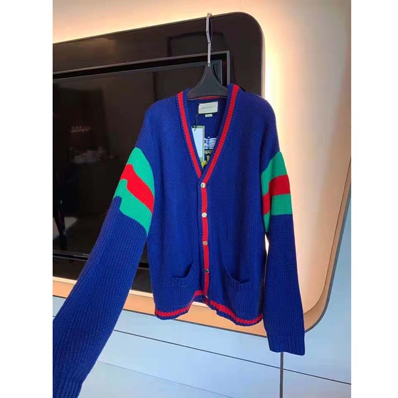 G*u*i women G*u*i 100 wool cardigan blue wool green red v-neck