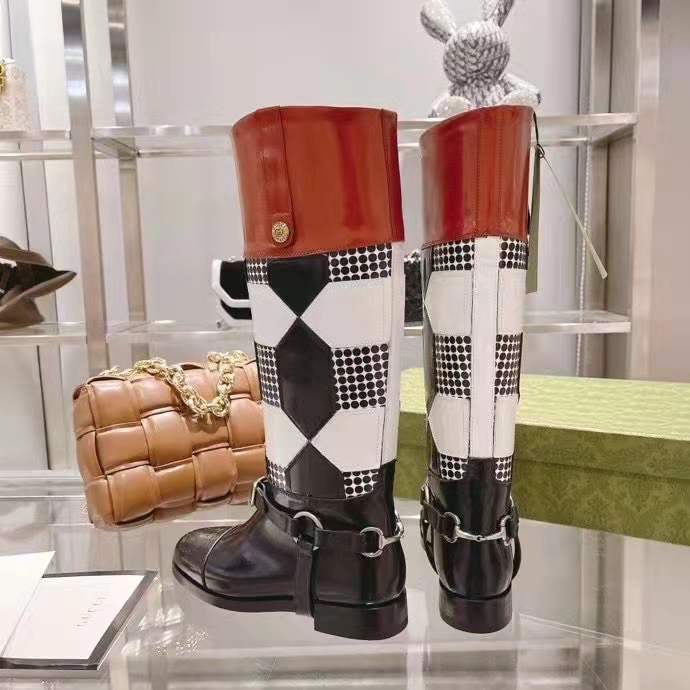 G*u*i women knee-high optical print boot black brown leather interlocking g