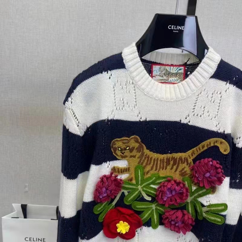 G*u*i gg women G*u*i tiger wool sweater embroidery tiger flower crewneck