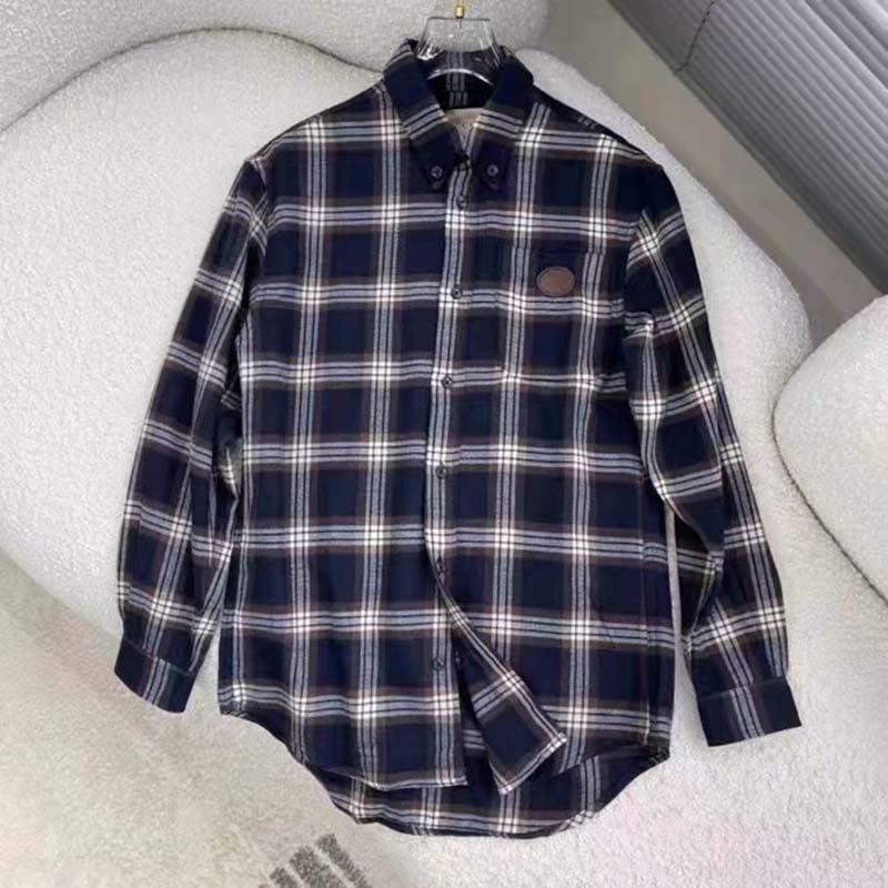 G*u*i women check wool shirt blue yellow check leather interlocking g tag