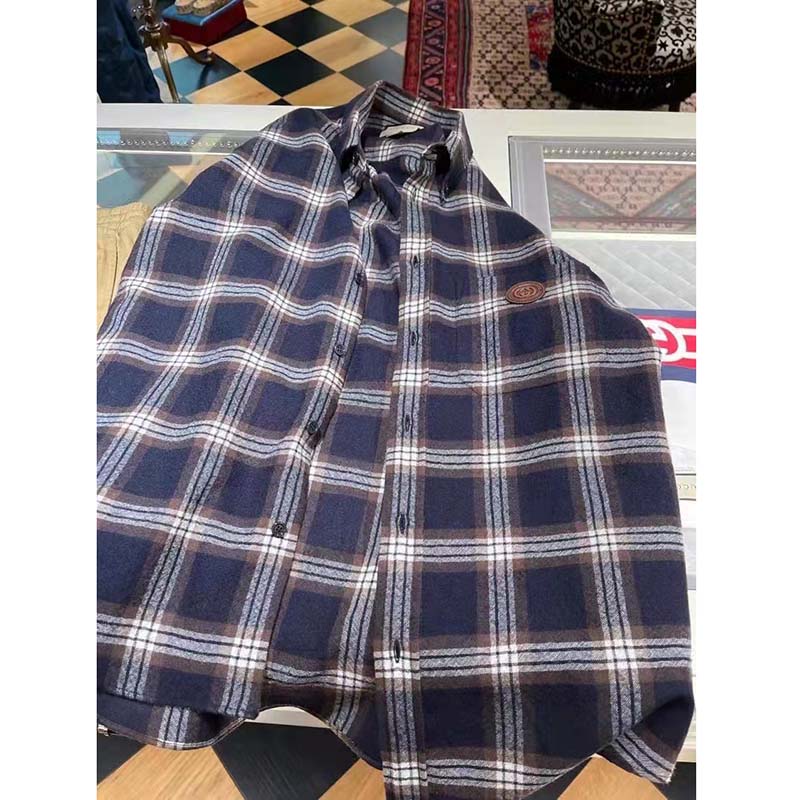 G*u*i women check wool shirt blue yellow check leather interlocking g tag
