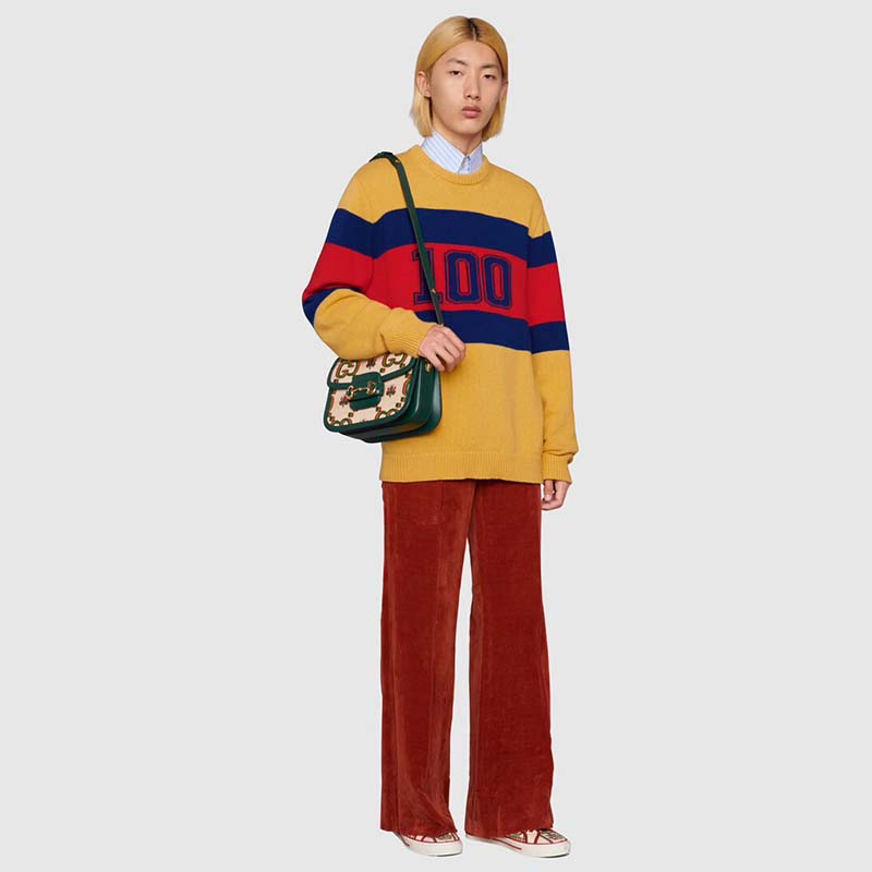 G*u*i men G*u*i 100 wool sweater yellow wool blue red web 100 intarsia