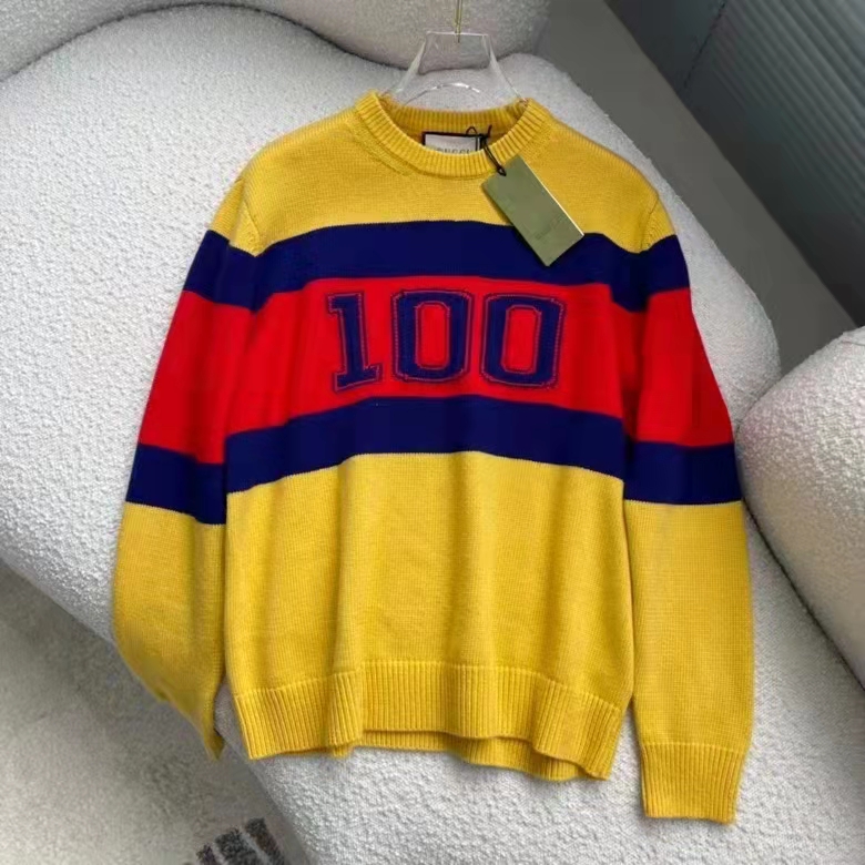 G*u*i men G*u*i 100 wool sweater yellow wool blue red web 100 intarsia