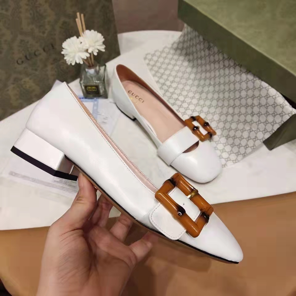 G*u*i women’s gg ballet flat bamboo buckle white leather round toe chunky heel