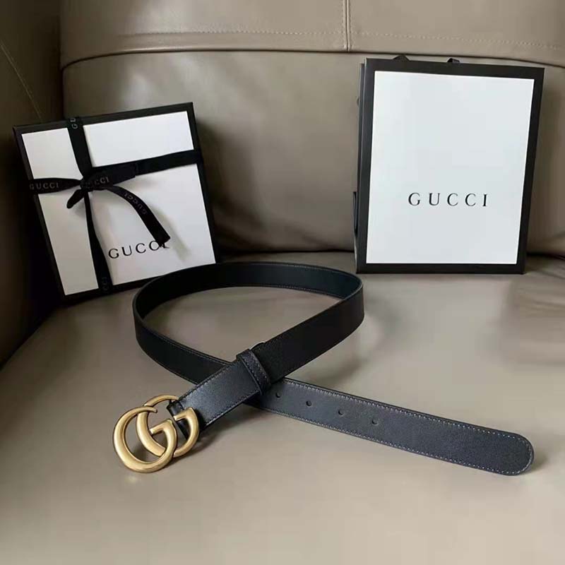 G*u*i unisex slim leather belt double g buckle black leather 3 cm width