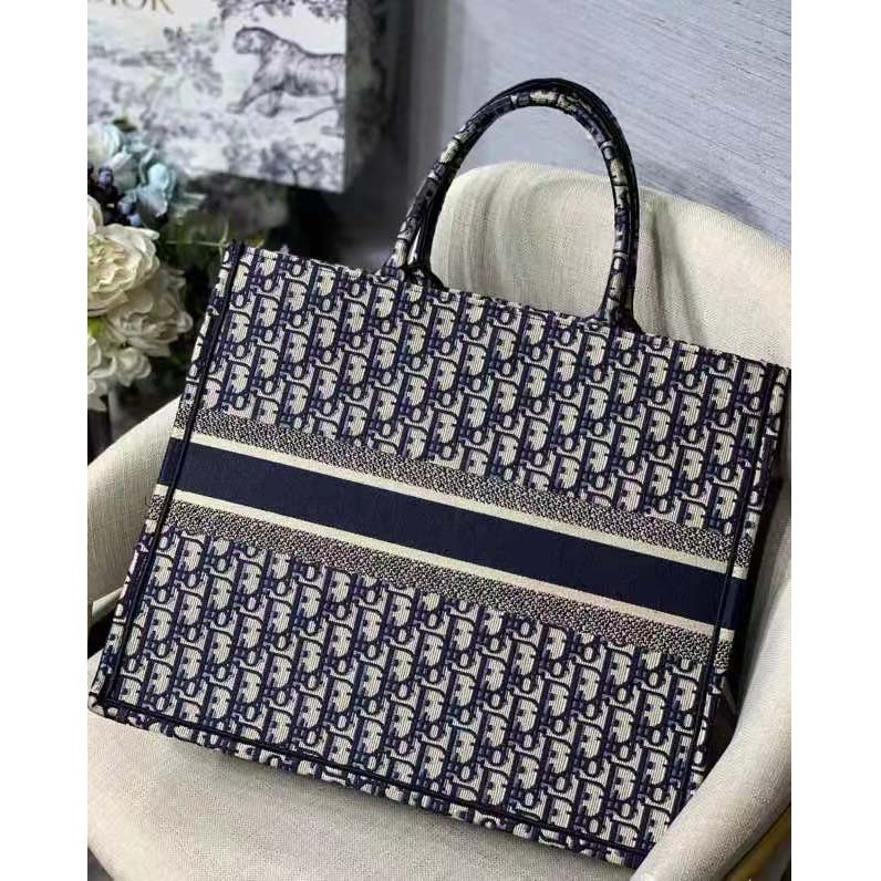 Dior Unisex CD Large Book Tote Navy Blue Dior Oblique Embroidery
